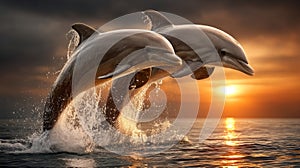 Two dolphins jumping out of the water at sunset