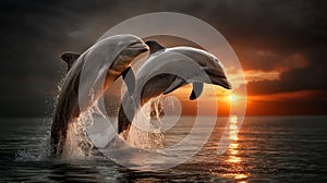 Two dolphins jumping out of the water at sunset