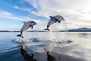 two dolphins jumping out of the water in synchronization