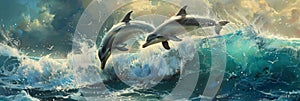 Two dolphins are jumping out of the water in a wave by AI generated image
