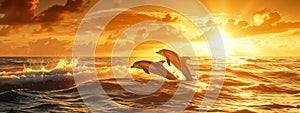 Two dolphins jumping over ocean waves with a radiant sunset backdrop