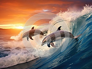 Two dolphins jumping over wave