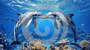 Two Dolphins Kissing Underwater Coral Reef