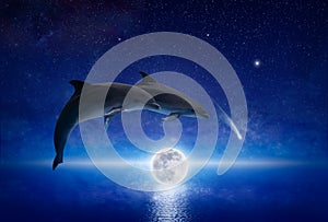 Two dolphins leap across glowing full moon that hovers low above serene sea. There are bright stars and comet in dark blue night