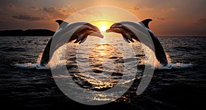 Two dolphins leaping and playing in the ocean at sunset