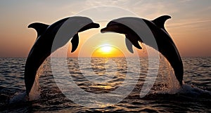 Two dolphins leaping and playing at sunset