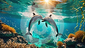 Two Dolphins Kissing Underwater in Vibrant Coral Reef