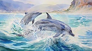 Two dolphins playing and jumping above sea surface in foam splashes of sea water Watercolor painting