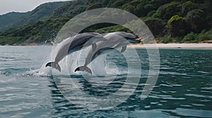 Two Dolphins playing on the sea