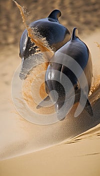 two dolphins splashing across the sand dunes, ai generative