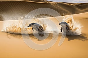 two dolphins splashing across the sand dunes, ai generative