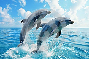 Two dolphins springing from the sea, sunlight and calm water.