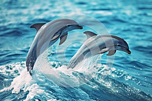 Two dolphins springing from the sea, sunlight and calm water.