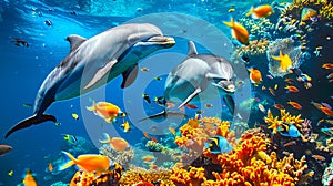 Two dolphins swimming in the ocean with corals