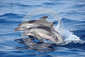 two dolphins swimming side by side, with their fins flapping in unison