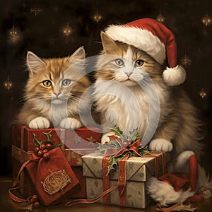 Two Domestic Cats on Christmas Presents