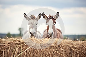 two donkeys with perked ears by haystack