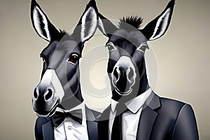 Two donkeys wearing suites