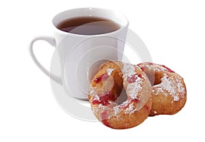 Two donuts with jam and a cup of tea