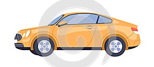 Two-door car, side view. New yellow auto profile. Automobile, modern road transport with wheels. Abstract model. Flat