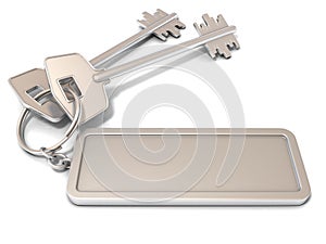 Two door keys and rectangular blank label on ring