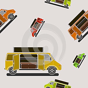 Two Doors Mobile Food Truck Vector Illustration Seamless Pattern