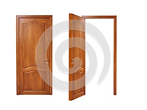 Two doors, open and closed on a white background