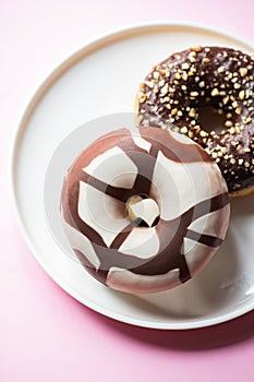 Two doughnuts with chocolate glaze on a pink and yellow background. Top view