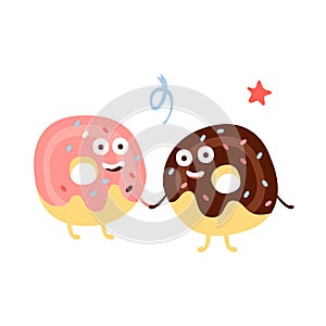 Two Doughnuts Holding Hands Children Birthday Party Attribute Cartoon Happy Humanized Character In Girly Colors