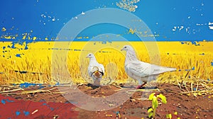 Two doves against a wall painted in Ukrainian colors. Graphic mixed art concept of peace from the aggressors