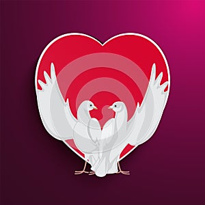 Two Doves Rise Wings Up on Background of Red Heart