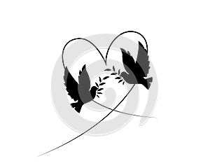 Two doves silhouettes, vector. Flying doves in shape of a heart, illustration. Flying birds and holding branch isolated