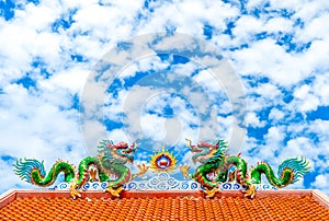 Two dragon on red roof with cloudy blue sky, Chinese temple in T