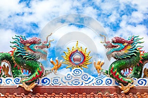 Two dragon on red roof with cloudy blue sky, Chinese temple in T