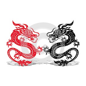 Two dragons black and red, battle, on white background,
