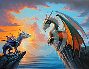 Two Dragons Facing Each Other at Sunset on a Cliff
