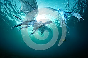 Two dragons fight underwater