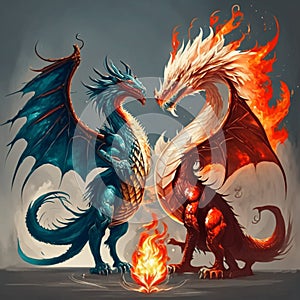 Two dragons with fire on a gray background. Illustration of dragons. AI generated