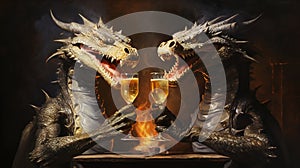 Two dragons making champagne toast. Merry Christmas and Happy New Year concept