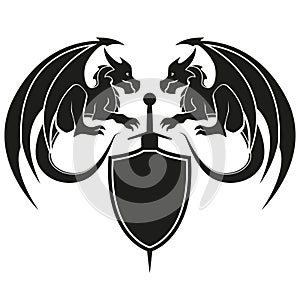 two dragons with sword and shield - Dragon symbol, black and white illustration vector