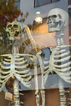 Two dressed up for honeymooners skeletons on the window