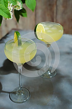 Two drinking glasses of southside cocktail or daiquiri cocktail.