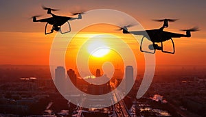 Two drone quad helicopters flying with high resolution digital camera illuminated