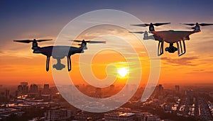 Two drone quad helicopters flying with high resolution digital camera illuminated
