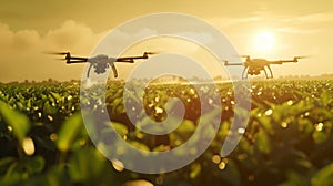 Drones Spraying Crops at Sunset.AI generated image