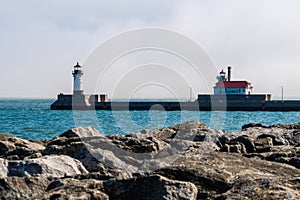 Two Duluth Minnesota lighthouses - North and South Breakwater, in Canal Park on Lake Superior