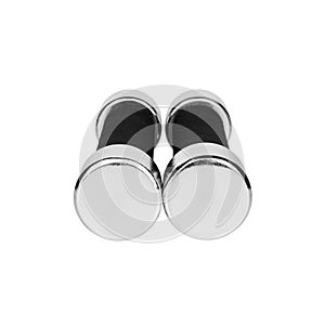 Two dumbbells on white background isolated close up, metal barbells with black arm set, pair of iron fitness bar-bells, sport