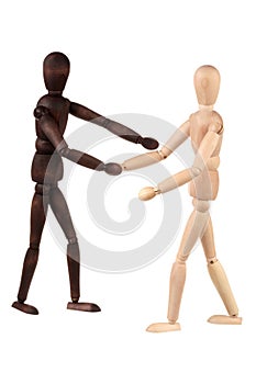 Two dummy shake hands