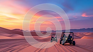 Two dune buggies paused on a desert at sunset, with a backdrop of vast sand dunes under a colorful sky