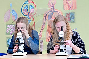 Two dutch teenage girls looking through microscope